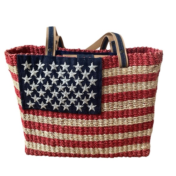 Amanda Smith American Flag Red White Blue Patriotic Straw Summer Beach Tote Bag - Picture 4 of 16